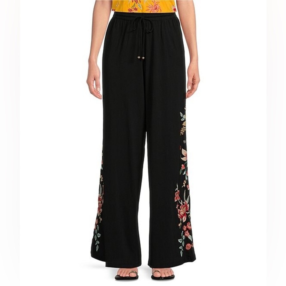 Johnny Was Black Wide-Leg Pants with Floral Embroidery